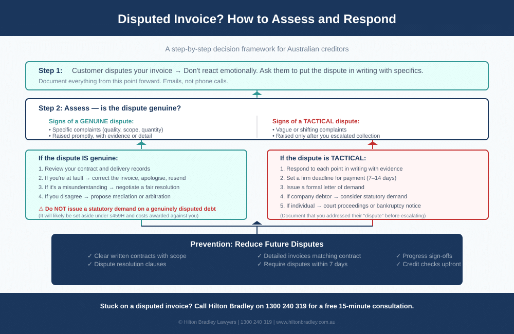 Decision flowchart showing how to assess and respond to disputed invoices for Australian creditors